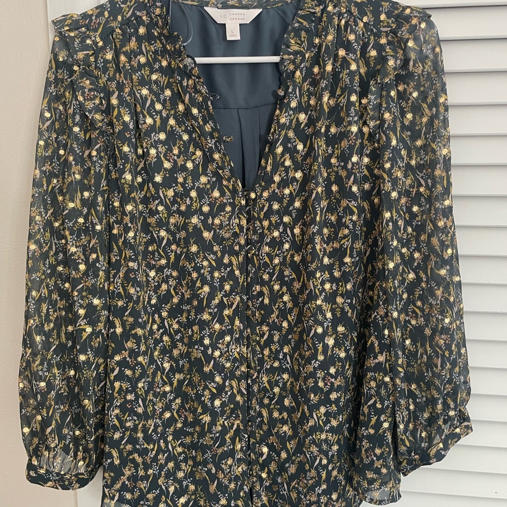 LC Lauren Conrad Black and Cream Ruffled Blouse